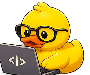 Rubber Ducky, a cartoon rubber duck wearing glasses, coding on a tiny laptop